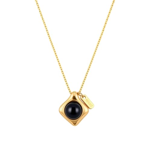 Renaiz 18K Gold Plated Natural Gemstone Pendant Necklace - Black Onyx, Hypoallergenic, Adjustable Chain, Boho Chic Trendy Gift