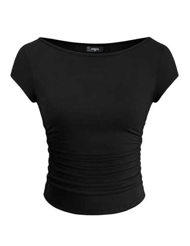 ZESICA Women's Summer Boat Neck Short Sleeve T Shirts 2026 Spring Slim Fit Y2k Going Out Crop Tops Basic Trendy Outfits, Black, XS