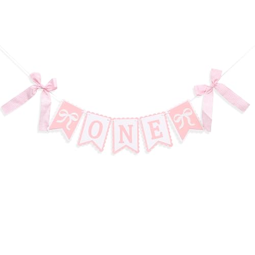Image of Bow First Birthday High Chair Banner - Pink Bow 1st Party Decoration,Coquette First High Chair Banner,Coquette One Birthday Photo Prop(bow first)