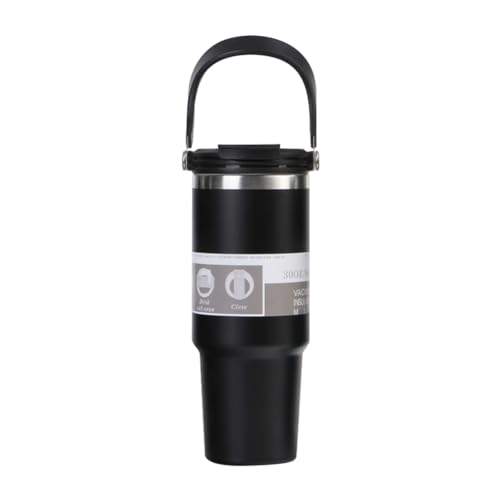 Giwnhvx Botella Aislada Al Vacío de 30 Onzas con Asa y Pajita Abatible de Café de Acero Inoxidable de Doble Pared de Viaje A Prueba de Fugas,A