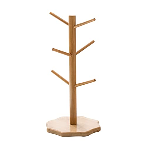 LIU Bamboo Mug Tree, Countertop Coffee Mug Stand with 6 Hooks and Octagonal Base, Ideal for Countertop Use, Removable Mug Holders