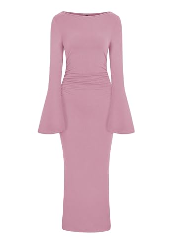 Image of PRETTYGARDEN Maxi Dresses for Women Elegant Classy Spring Fall Long Bell Sleeve Ruched Bodycon Cocktail Party Slit Dress