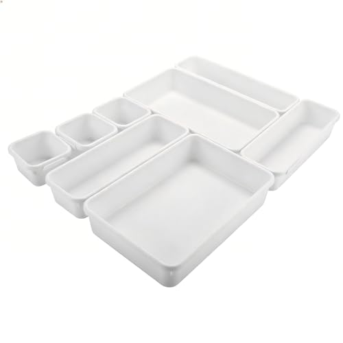 Drawer Organiser 8Pcs Interlocking Plastic Storage Trays, 3 Sizes Drawer Dividers Tidy Trays, White For Kitchen Office Desk Makeup Bathroom Jewellery Stationery