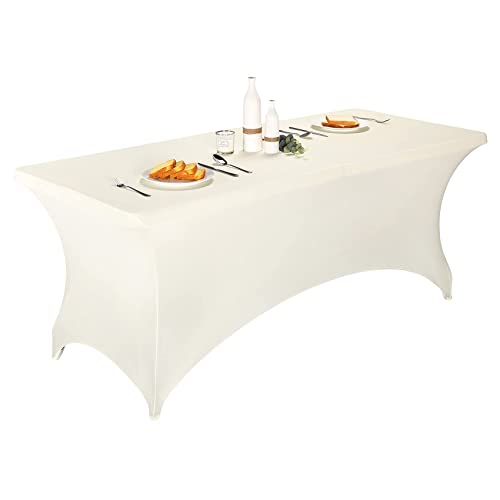Image of FORLIFE 2Pack Spandex Table Covers,Fitted Tablecloth for Rectangular Tables, Stretch Patio Table Covers, Universal Spandex Table Cover for Wedding, Banquet, Party (6ft, Ivory)