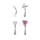 Zynova 4Pcs 16G 316L Surgical Steel Eyebrow Piercing Curved Barbell for Women Dainty Pink CZ Heart butterfly Flower Pearl Eyebrow Rings Studs Rook Cartilage Earrings Belly Ring Body Piercings Jewelry