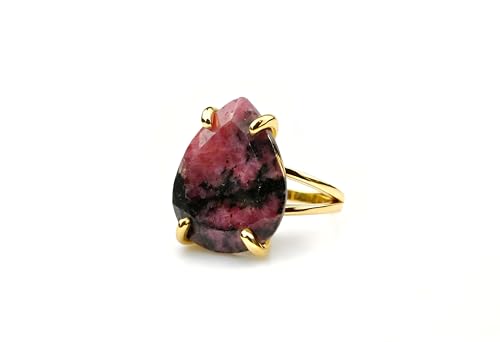 Bague en rhodonite cristalline poire or 14k pierre naturelle