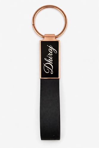 POSH.FOREVER Personalized Leather Keychain for Men & Women – Custom Name Engraved Metal Key Ring with Black Strap & Rose Gold Finish – Stylish Car & House Key Holder Gift (Rose gold)