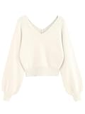 ZAFUL Women's Cropped Sweater V-Neck Long Sleeve Crop Sweater Pullover Jumper Knit Top (1-White, Medium)