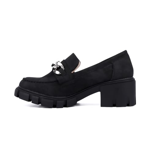 Image of Bandkos Womens Slip On Penny Loafers Platform Chunky Loafer Lug Sole Suede Work Business Casual Dress Uniform Oxfords with Metal Chain