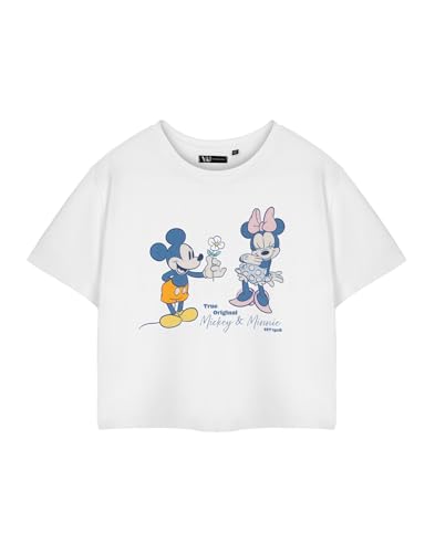 Disney Mickey & Minnie Womens White Vintage Cropped Short Sleeve T-Shirt Characters Graphic Tee for Women | Short-Sleeved Retro Fashion Apparel | Merchandise for Her