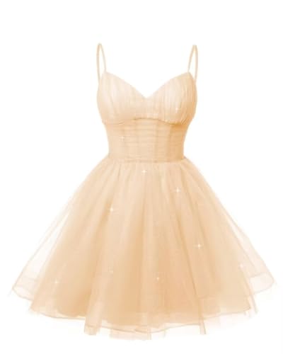Spaghetti Tulle Short Homecoming Dresses for Teens, Sequined V Neck