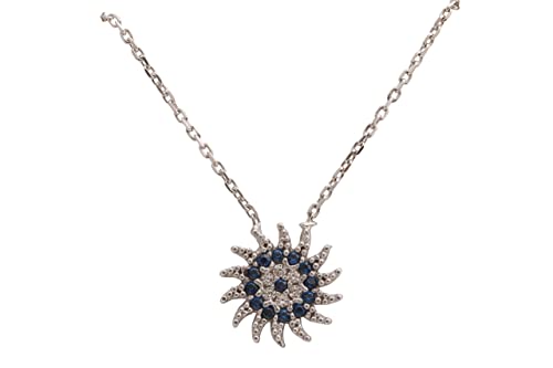 Sun Shape Special Design Turkish Evil Eye Handmade 925 Sterling Silver Round Cut Sapphire White Topaz Rhodium Necklace