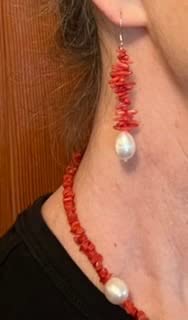 Customer review image for Red Coral & 9-10mm White Freshwater Cultured Pearl Earring - Sterling Silver Fishhook