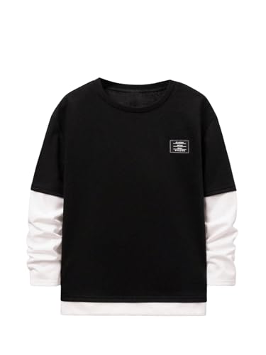 Verdusa Boy's 2 in 1 Color Block Tee Top Letter Patchwork Round Neck Long Sleeve T Shirt