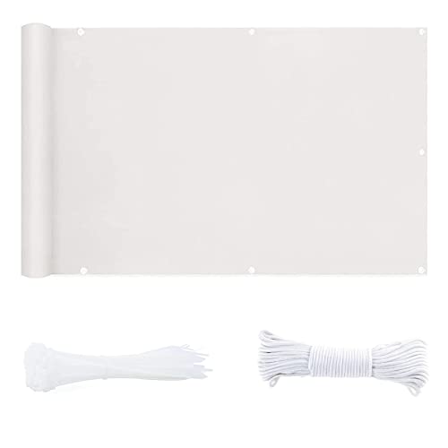 Paravento per balconi ad alta visibilità, 1,1 x 4 m, bianco, con occhielli e corde per proteggere il giardino e la privacy, ideale per terrazze e balconi