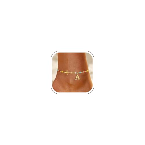TOBENY Ankle Bracelets for Women Waterproof 14K Gold Plated A-Z Initial Cross Anklet Colorful Hypoallergenic Letter Anklets for Women Non Tarnish Summer Beach Jewelry Gift for Daughter Mom Sister