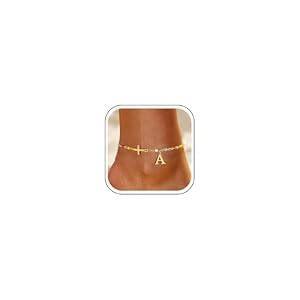 TOBENY Ankle Bracelets for Women Waterproof 14K Gold Plated A-Z Initial Cross Anklet Colorful Hypoallergenic Letter Anklets for Women Non Tarnish Summer Beach Jewelry Gift for Daughter Mom Sister