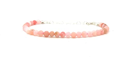 Pulsera de opalo rosa piedra natural de 4 mm de grosor plata de primera ley ajustable de 16 cm a 19 cm