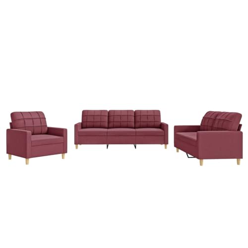 vidaXL Sofagarnitur 3-TLG., Sessel Couch mit Kissen, Sofa Wohnzimmersofa mit Armlehnen, Couchgarnitur Designsofa Sitzmöbel Polstermöbel, Weinrot Stoff