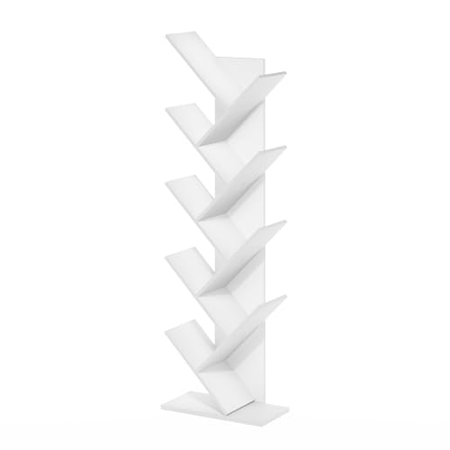 Image of Furinno TREE Book Shelf, 9-Tier Bookshelf, Tree Bookcase with Angled Open Shelf, 8.4 x 15.7 x 50.9, for Room Decor, for Living Room, Bedroom, Home Office, White