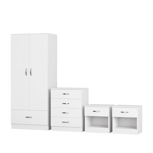 Nera White 4 Piece Bedroom Furniture Set 2 Door Wardrobe with Drawer Chest of Drawers & Two Bedside Table Bedroom Set