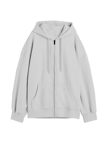 Image of DROBE Relaxed Fit Plain Cotton Blend Full Sleeves Hodded Zipper Jacket for Women