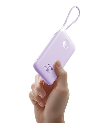 VIYISI Powerbank 10000 mAh, batteria esterna max.22,5 W, batteria ultra compatta con cavo USB-C integrato e indicatore LED per iPhone 16/15, iPad, Samsung Galaxy S24/S23, Huawei, Google, viola