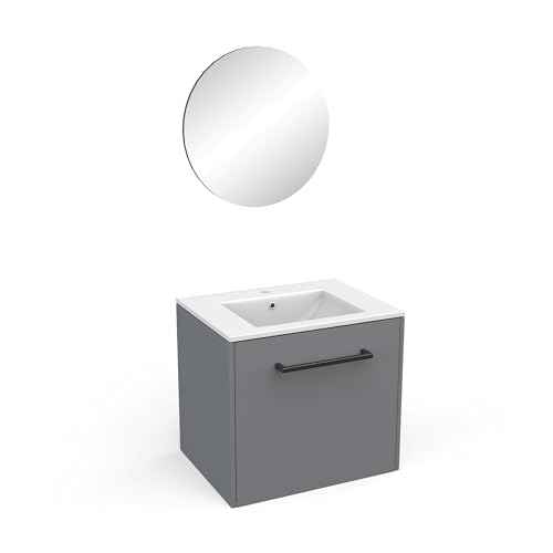 Demeyere - Mueble de baño con Espejo y Lavabo, 2 cajones y toallero Moderno de Madera ecológica, Color Gris Oscuro y Acabados Negros, 47,3 x 55 x 61,2 cm, Roble