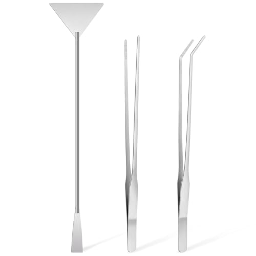 Oligei Terrarium Supplies 3 PCS Stainless Steel Aquarium Supplies Set Include Long Aquarium Tweezers Curved Tweezers Algae Scraper for Fish Tank Cleaning Plant Trimming