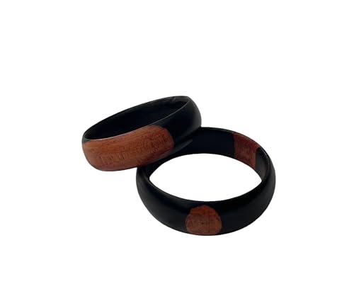 Conjunto de anéis embutidos de resina preta e madeira, alianças de casal feitas à mão, design exclusivo de dois tons