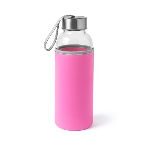 TIENDA EURASIA – Botella Agua | Cristal y Acero Inoxidable | Funda de Neopreno | Capacidad 420 ml | Tapón de Seguridad de Rosca y Cinta de Seguridad | Medidas 6.4 Ø x 19 cm | Libre de BPA (Rosa Claro)