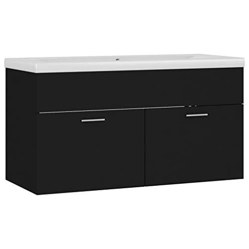 vidaXL Armoire d'Evier avec Lavabo Intégré Meuble de Rangement Placard de Salle de Bain Armoire de Rangement Toilette Intérieur Noir Aggloméré