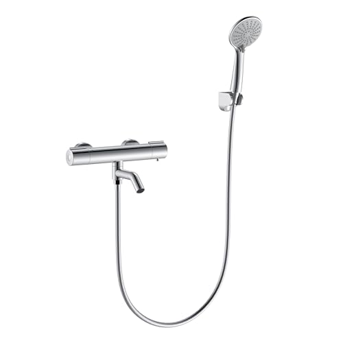 Ducha Casa Mezclador Termostático, Grifería con Manguera y Alcachofa de Mano 3 Tipos de Chorro, Grifo de Ducha con Termostato para Bañera y Baño