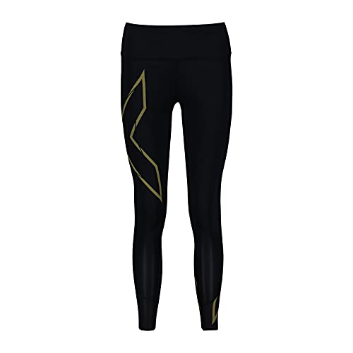 2Xu Women's Light Speed Mid-Rise Compression Tight Black/Gold Reflective Large #TOP2