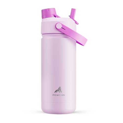 POWCAN 18 oz Insulated Water Bottle with 2-in-1 Straw and Spout Lid, Keep Cold 24H, Leak-Proof, Fits in Car Cup Holder, Stainless Steel Water Bottle for Sports, Travel, and School (Misty Lilac)