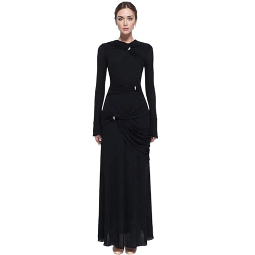 CHONG FENG XIA Women's Dress Black Spring Autumn Slim Fit Slimming Long Sleeve Pleated Gown Dresses for Women