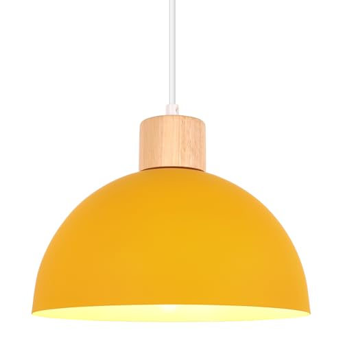 iDEGU 25cm Retro Pendant Light E27 LED Ceiling Light Modern Scandinavian Style Hemisphere Hanging Lampshade Metal Wood Pendant Light Fixture for Bedroom Dining Room Kitchen Restaurant (Yellow)