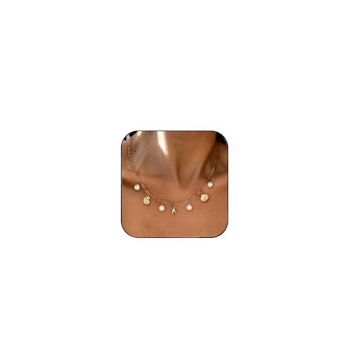 SELSHE Charm Necklace for Women,Dainty 14K Gold Platd Pendant Necklaces Cute Pearl Seashell Starfish Necklace Charms Waterproof Beach Necklaces for Women Trendy Summer Jewelry