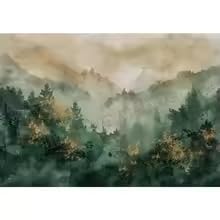 DIHANSM Poster mit grün-goldener Bergwaldlandschaft auf Leinwand, Heimdekoration (70 x 100 cm/ungerahmt)