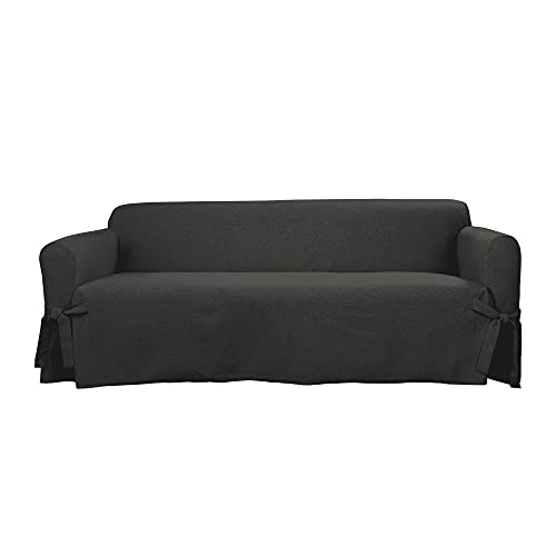 SureFit Farmhouse Basketweave Faux Linen Sofa Slipcovers, Couch Cover One Piece Design and Straight Skirt, Removable and Machine Washable Sofa Cover, Charcoal