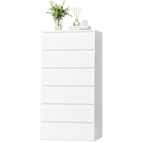FOTOSOK White Dresser, 6 Drawer Dresser, Modern Tall Floor Storage Cabinet with Metal Sliding Rail, Wooden Handleless Drawer Cabinet, 6-Layer Large Capacity Vertical Dressers for Home & Office Cover