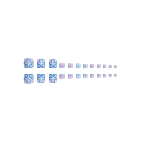 Image of 48 Pcs Blue French Tip Press on Toenails 3D Flower Press on Nails Square Fake Nails with Design Ombre Glue on Toe Nails Set for Women Glossy Artificial Acrylic Full Cover Manciure