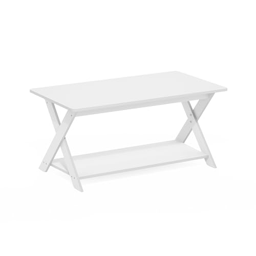 Image of Furinno Modern Simplistic Coffee Table, 2-Tier Rectangle Center Table with Open Shelf and X-Legs, Criss-Crossed Side Table, for Living Room, Bedroom, Home Office, White
