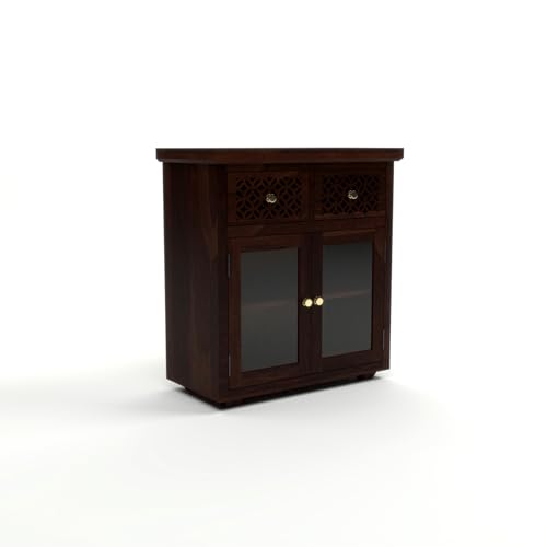 Image of Solid Sheesham Wood Sideboard Cabinet for Living Room | Wooden Storage Cabinet with 2 Acrylic Glass Doors & 2 Carved Drawers | Modern Display Sideboard for Home (Walnut Finish)