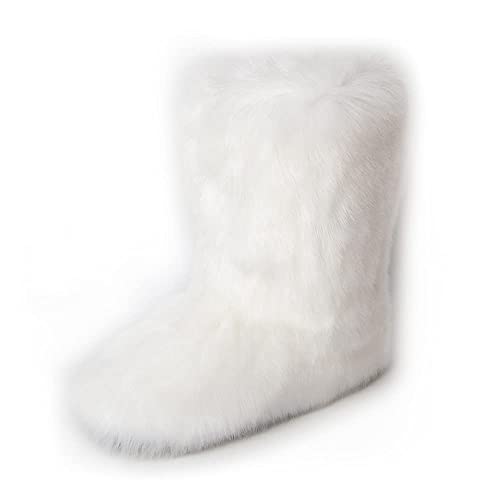 ZOSCGJMY Bottes d'hiver plates en fausse fourrure pour femme - Bout rond - En daim, blanc, 44 EU