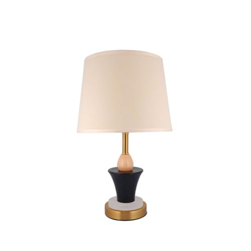 Image of ELARE Modern Decorative Table Lamp with Cotton Fabric Shade, Black & Gold Metal Body, Ambient-Lit Marble Base, LED Bulb Included, Bedside Lamp for Bedroom, Living Room & Office