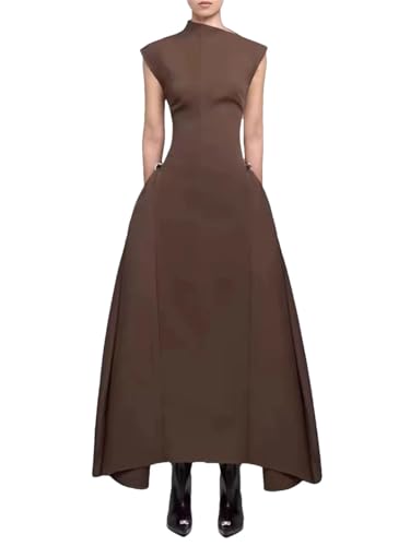 Women Patchwork Folds Dresses Asymmetrical Collar Sleeveless High Waist A Line Solid Dress