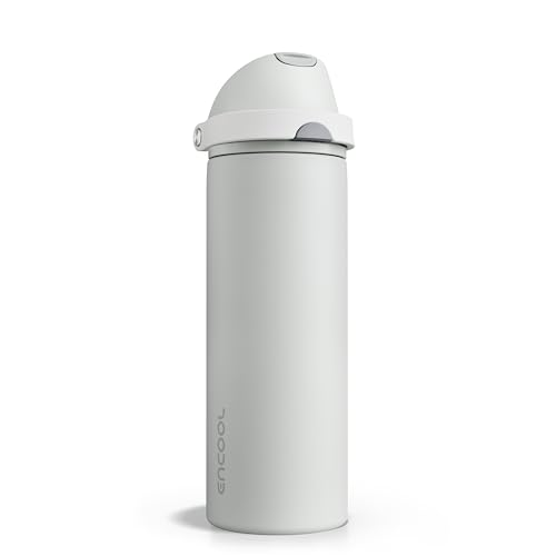 Image of Insulated Water Bottle with Straw - Encool Stainless Steel Water Bottle with Push Button Lid, Leak-Proof & BPA-Free, Keeps Cold for 24 Hours for Sports, Travel, Gym (24 oz, Silver Grey)