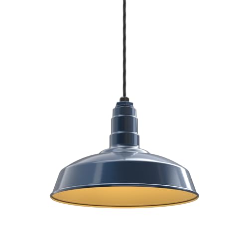 Image of Steel Lighting Co. Carson Barn Light | Ceiling Mounted Pendant | 16 inch Dome | 4' Black Cord | Industrial Style Steel Light Made in America | Gray Blue Exterior /Brass Interior