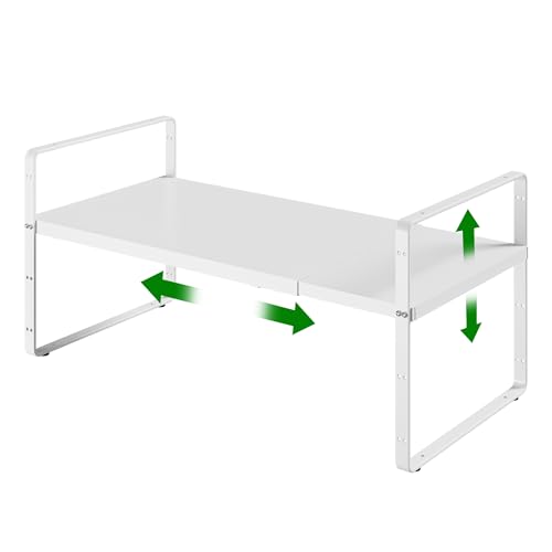 LOCVCDA Expandable Cabinet Organizer Shelf, Adjustable Height Organizer Riser for Kitchen Cabinet Spice Rack Locker Pantry Cupboard Under Sink Countertop Desk Organization Metal Stackable Shelves